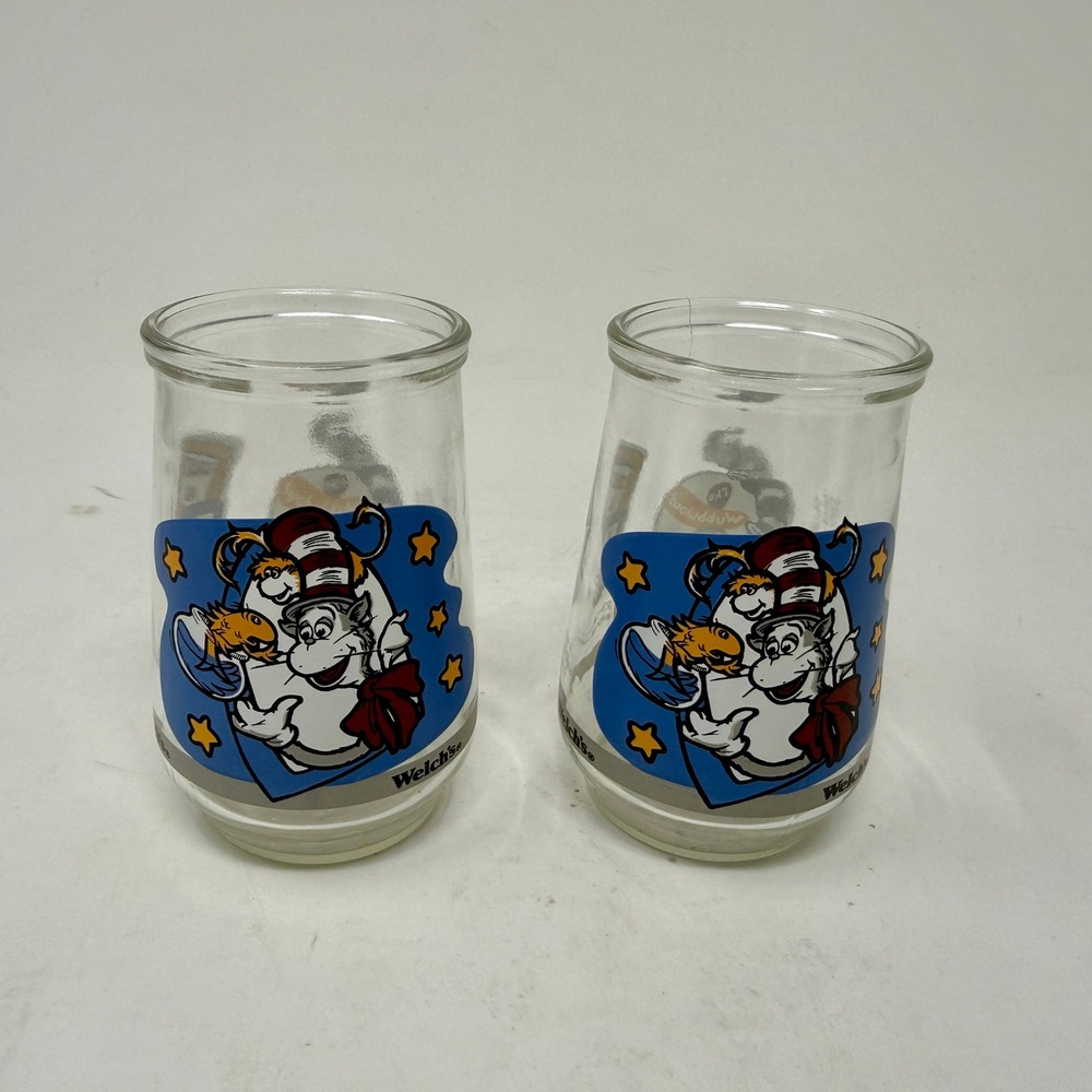 Vintage 1996 Welchs Dr Seuss Wubbulous World Cat in the Hat Jelly Jars Set of 2